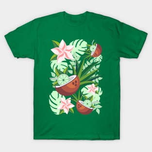 Lime in Coconut with Pink Plumeria Flowers Tropical Summer Pattern T-Shirt